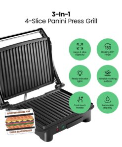 Alternative view of Chefman Panini Press Grill and Gourmet Sandwich Maker Non-Stick Coated Plates, Opens 180 Degrees to Fit Any Type or Size of Food, Stainless Steel Surface and Removable Drip Tray, 4 Slice, Black