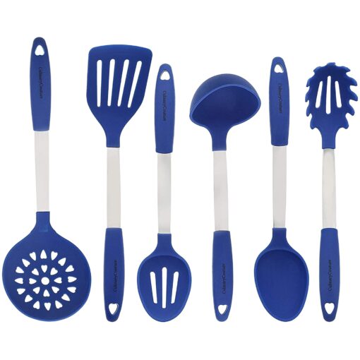 Culinary Couture 6-Piece Stainless Steel & Silicone Kitchen Utensils Set, Silicone Cooking Utensils, Heat Resistant Kitchen Cooking Utensils Set, Includes a Bonus Recipe E-Book, Blue 6 Piece - Large