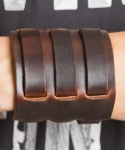 HZMAN Mens Genuine Leather Wide Triple Strap Cuff Wrap Gauntlet Wristband Buckle Fastening Arm Armor Cuff Brown 18 71Mny5LS35L