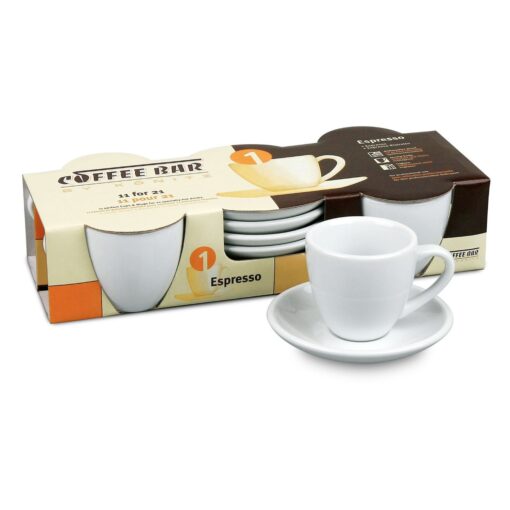 Konitz Coffee Bar Espresso Cups and Saucers, 2-Ounce, White, Set of 4 4 Count (Pack of 1)