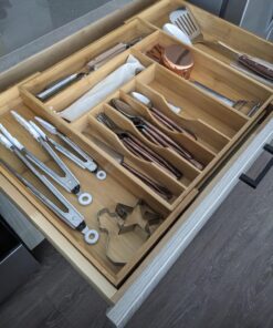 KitchenEdge Premium Silverware, Flatware and Utensil Organizer for Kitchen Drawers, Expandable to 28 Inches Wide, 10 Compartments, 100% Bamboo From 16" to 28" wide Natural Bamboo 24 71MsNLfYmSL