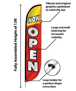 LookOurWay Feather Flag Set - 12 Feet Tall Advertising Flag Banner with Fiberglass Pole Kit and Rotating Ground Spike for Business Promotion - Grand Opening Theme - Now Open Red and Yellow Red/Yellow 11 71N0F86nY9L