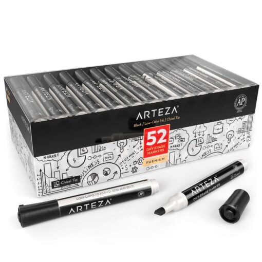 Arteza Black Dry Erase Markers, Bulk Pack of 52 Whiteboard Markers, Chisel Tip, Low-Odor Ink, Long-Lasting & Easy-to-Erase, Ideal for School, Office, Homeschooling and Teachers