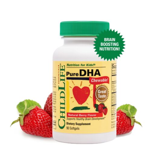 CHILDLIFE ESSENTIALS Pure DHA Dietary Supplement - DHA for Infants & Kids, Supports Healthy Brain Growth & Function, All-Natural, Gluten-Free, DHA Supplement - Strawberry Flavor, 90 Count (1 Pack) 90 Count (Pack of 1)