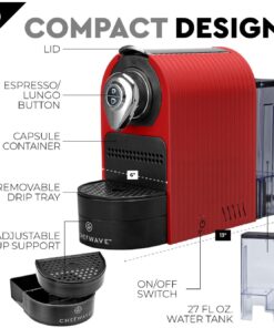 ChefWave Espresso Machine and Coffee Maker (Red) - Compatible with Nespresso Original Capsules, Programmable, One-Touch, Italian, 20 Bar High Pressure Pump Bundle with Pod Holder and Glasses Red 26 71N4it4fML