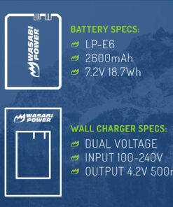 Wasabi Power LP-E6, LP-E6N Battery (2-Pack) and Charger for Canon EOS 5D Mark II/III/IV, 5DS, 5DS R, 6D, 6D Mark II, 7D, 7D Mark II, 60D, 70D, 80D, 90D, R, R5, R6, Ra, XC10, XC15, BMPCC 4K, BMPCC 6K 2 Batteries + Charger 22 71N7P4IFalL