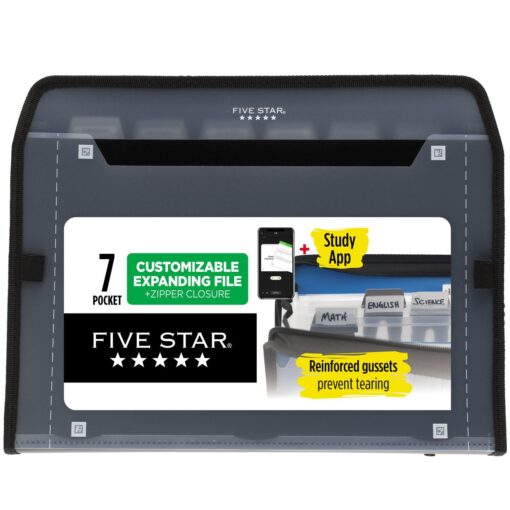 Five Star 7 Pocket Expanding File Organizer, Plastic Expandable File Folders with Customizable Tabs & Clear Cover, Holds 11" x 8-1/2", Zipper Closure, Black (72709)