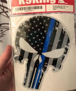 Punisher Skull 5.5 x 4 Inch Tattered Subdued US Flag Reflective Decal with Thin Blue Line Car Sticker, Helmet & Truck Accessories for Men. Support The Police with American Flag USA Bumper Sticker. 18 71NGJrjb9PL