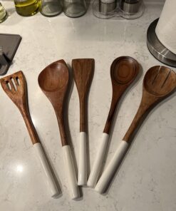Folkulture Wooden Spoons for Cooking Set for Kitchen, Non Stick Cookware Tools or Utensils Includes Wooden Spoon, Spatula, Fork, Slotted Turner, Corner Spoon, Set of 5, 12 Inch, Acacia Wood (White) White 37 71NINhWMXAL