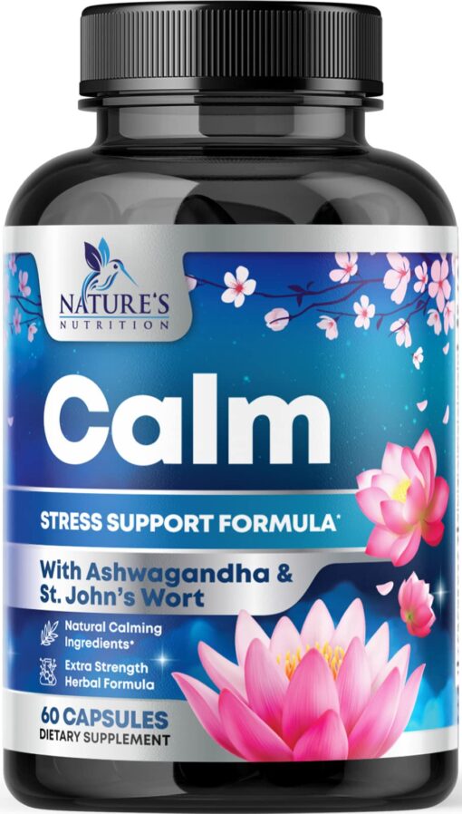 Nature's Nutrition Calm & Stress Support Supplement - with Magnesium, Ashwagandha, 5-HTP, L-Theanine, GABA - Natural Stress & Immune Support to Relax, Focus, Unwind - Vegan & Non-GMO - 60 Capsules 60 Count (Pack of 1)