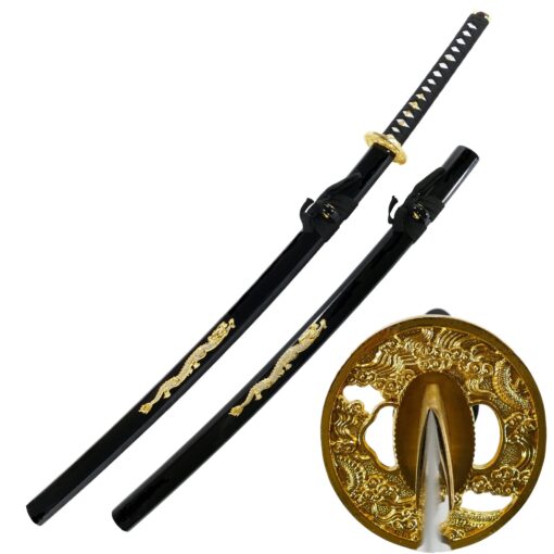 Makoto Hand Forged Sharp Samurai Sword - Crystal Golden Dragon on Saya