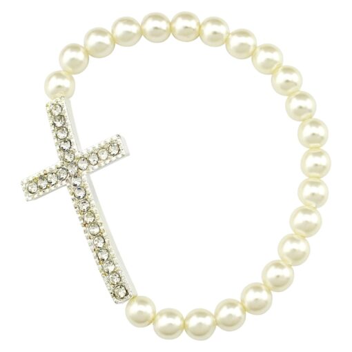 Emily lin Handmade Alloy Rhinestone White Bead Cross Stretch Bracelet 22 beads