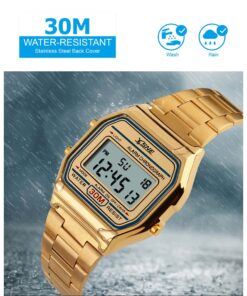 Digital Sports Watch Men's Women Water Resistant Outdoor Stainless Steel Band Electronic Square LED Back Light Wristwatch Gold 1123 23 71NS23JQHRL