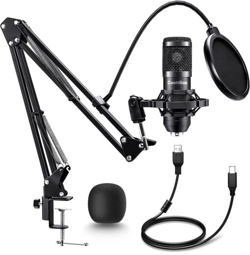 Caattiilaa USB Microphone - PC Streaming Podcast Microphone, Recording Microphone, Gaming Microphone, 192KHZ/24Bit Electrical Condenser Mic, USB Mic Kit with Sound Chipset Boom Arm Set Black Microphone