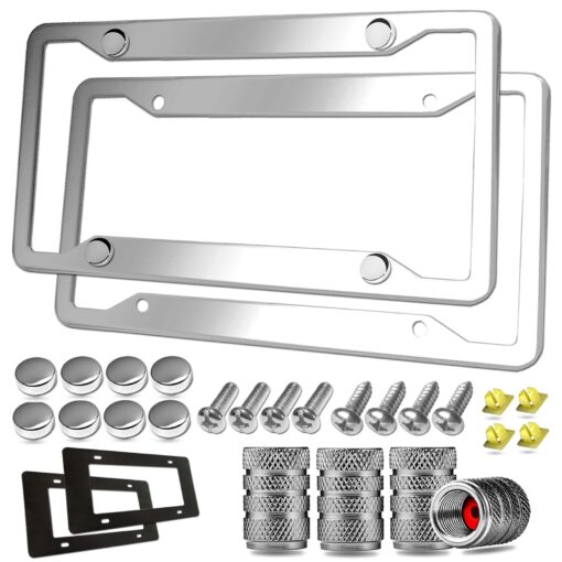 YoUoY Stainless Steel License Plate Frame- 2 Pack License Plate Holder, with Screws, Chrome Caps, Heavy Duty Rustproof Metal Front Rear Car Tag Cover Stainless Steel Frame- 4 Holes