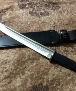 Honshu United Cutlery Tanto Knife and Leather Sheath - 440 Stainless Steel Blade, Overmolded TPR Grip, Stainless Steel Handguard - Tactical Knife for Defense or Hunting - 16 3/4" Overall 15 71NXLnNoMrL