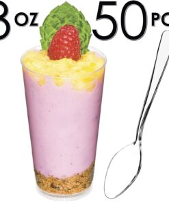 DLux 50 x 3 oz Mini Dessert Cups with Spoons, Shooter - Clear Plastic Parfait Appetizer Cup - Small Reusable Shot Glass for Tasting Party Shooters Desserts Appetizers - With Recipe Ebook 50 cups + 50 spoons 25 71NYyTlqWTL