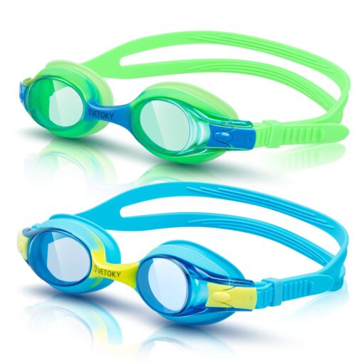 VETOKY Kids Swim Goggles, Pack of 2 Anti Fog Swimming Goggles UV Protection Clear No Leaking for Child and Youth Ages 3-12 Blue+green