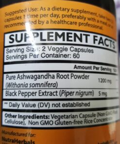 NUTRAHERBALS Ashwagandha Supplement Made with Premium Ashwaganda Root Powder 1200mg with Black Pepper Extract for Increased Absorption - 120 Vegi Capsules 29 71NkcJ1EDYL