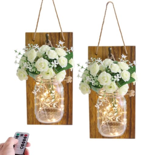 Wall Mason Jar Decor, Mason Jar Sconces, Farmhouse Wall Decor, Home Decorations Led Fairy lights with Remote Control, Rustic Wooden Board with Bronze Retro Hooks (Set of 2) Brown