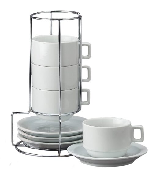 HIC 9-Piece Stackable Cappuccino Coffee Tea Set, Fine White Porcelain, Set Includes 4 (7-Ounce) Cups with Matching Saucers and Metal Stand, Gift Boxed