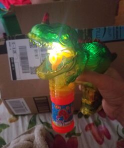 Dinosaur Bubble Gun Light Up Bubbles Shooter, Battery Operated Bubble Maker Toy for Toddlers & Kids, Sound-Free (Extra Refill Bottle and Batteries Included) Green Dinosaur 38 71Nrz23TTUL
