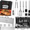 ROMANTICIST 23pc Must-Have BBQ Grill Accessories Set with Thermometer in Case - Stainless Steel Barbecue Tool Set with 2 Grill Mats for Backyard Outdoor Camping - Best Grill Gift for on Birthday 23PCS SILVER