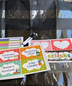 REGELETO Class Jobs Pocket Chart with 70 Colorful Dry Erase Cards and 3 Hooks,Class Management Educational Pocket Chart Teacher's Helper Size: 24.5”x21.8”inch Bulletin Board for Classroom (Black) 16-Pockets 29 71O17EvhHSL