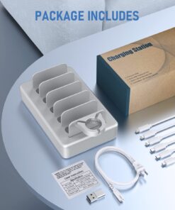 Charging Station for Multiple Devices, HSicily 6 Port Multi Device Charging Station, Multiple Charging Station with 6 Cables Designed for iPhone iPad Cell Phones Tablets Kindle Apple Watch Silver HS50 13 71O1QXrJgL