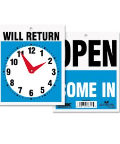 Headline Sign Double-Sided Open/Will Return Sign with Clock Hands, Plastic, 7.5 x 9 7.5" x 9"