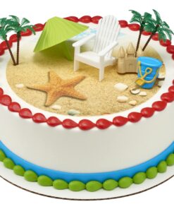 DecoSet® Beach Chair and Umbrella Tropical Beach Cake Decoration, 6 Piece Cake Topper Set, Palm Trees, Deck Chair, Beach Umbrella, Sand Castle and Bucket, Food Safe, Beach Chair & Umbrella DecoSet 25 71OBAydN4SL 2