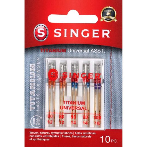 SINGER 04808 Titanium Universal Regular Point Machine Needles Woven Fabric, Assorted Sizes, 10-Count 80/11, 90/14, 100/16 10.0