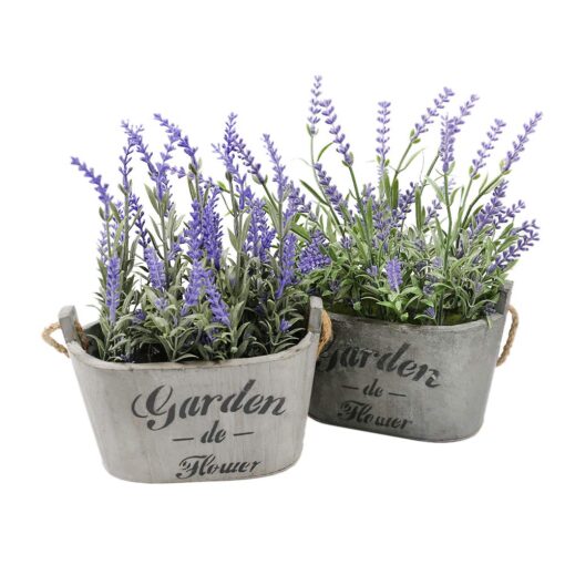 Butterfly Craze Artificial Lavender Plants in Rustic Wooden Planters - Lifelike, Stunning Faux Silk Purple Flowers Perfect for Elevating Your Patio, Home Décor, or Office (Set of Two), Brown Pots Grey