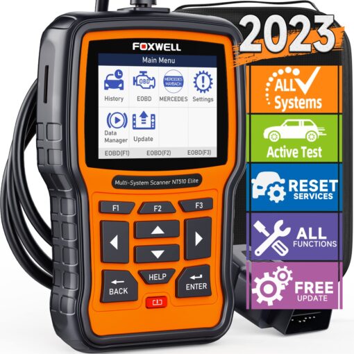 FOXWELL NT510 Elite fit for Mercedes-Benz OBD2 Scanner Diagnostic Tools Full System ABS SRS ESP BAS AC Diagnostic Code Reader with Bi-Directional Active Test All Service Oil EPB Reset Air Suspension