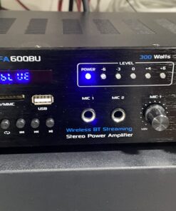 PYLE Wireless Bluetooth Karaoke Amplifier Home Car Bus Tours 300 Watts 2 Channel Digital Home Audio PA Receiver System 2 Microphone Input Control, FM Radio, USB,12 Volt Power Option Pyle PFA600BU 35 71OVxOFLnjL