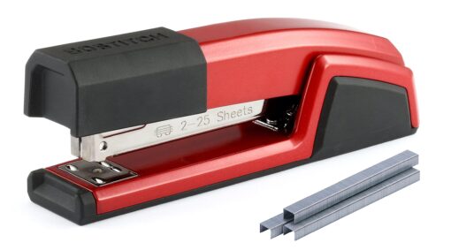 Bostitch Office Epic Metal 3 in 1 Stapler, 25 Sheet Capacity, Includes 210 Staples in Staple Storage Compartment & Integrated Remover, Red