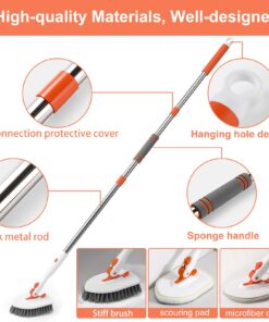 Tub Tile Scrubber Brush, 3 in 1 Shower Cleaning Brush with 53" Adjustable Long Handle, Floor Scrub Brush with Locking Head 3 Replacement Head for Cleaning Bathtub Bathroom Kitchen Toilet Wall Orange 10 71OgoD1xG9L