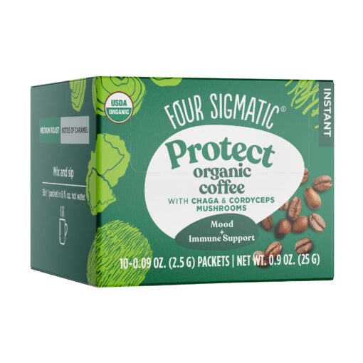 Organic Instant Coffee Powder by Four Sigmatic | Arabica Instant Coffee Singles with Cordyceps, Chaga and Eleuthero | Mushroom Coffee Instant Mix for Better Focus and Immune Support | 10 Packets Protect w/ Chaga & Cordyceps 0.09 Ounce (Pack of 10)