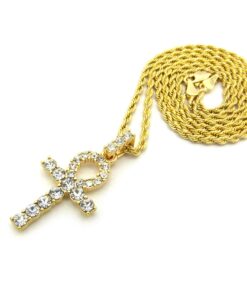 Fashion 21 Micro Pave Egyptian Ankh Cross Pendant 22 to 27 inches Various Chain Necklace Gold Tone 2mm 24" Rope Chain 16 71P hcFbduL