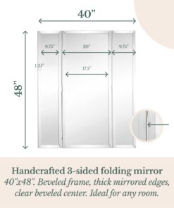 Hamilton Hills 40x40 inch Silver Trifold Mirror | Full Length Framed Beveled Edges 3 Way Mirror Hangable on Wall | Folding Tall Makeup Mirror with Hinges | Table Top, Dressing & Bathroom Vanity Mirror 40" x 48" 13 71P2naz32L