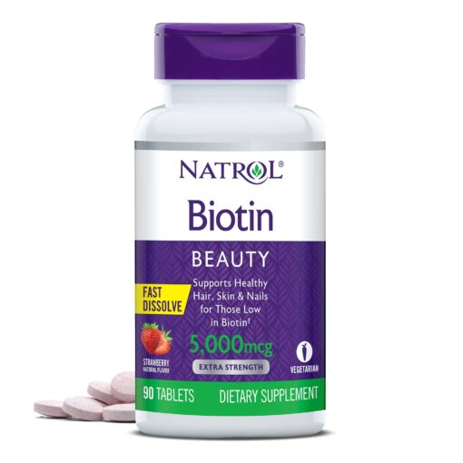 Natrol Beauty Biotin 5000mcg, Dietary Supplement for Healthy Hair, Skin, Nails and Energy Metabolism, 90 Strawberry-Flavored Fast Dissolve Tablets, 90 Day Supply 90 Servings (Pack of 1)