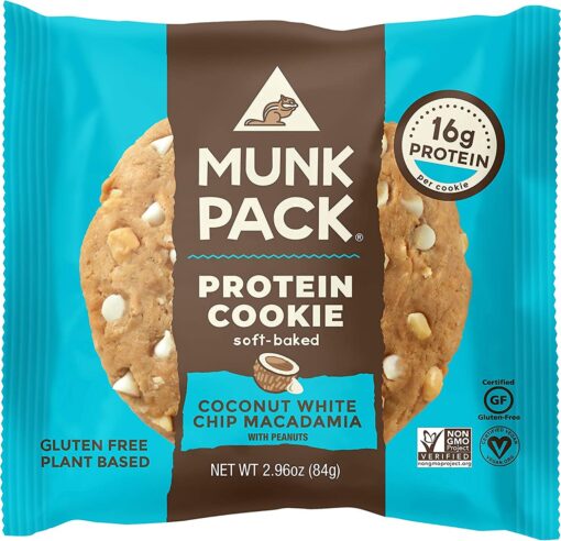 Munk Pack Soft Baked Protein Cookie | Plant Based & Vegan Snacks | Non-GMO Coconut White Chip Macadamia | Individually Wrapped Gluten Free Chewy Cookies | 12 Pack 2.96 Ounce (Pack of 12)