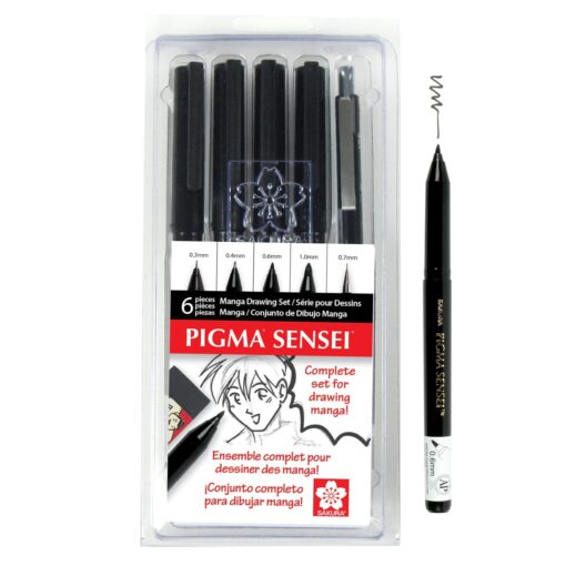 Sakura Pigma Sensei Manga Drawing Kit - Archival Black Ink Pens with Pencil & Eraser - Pens for Drawing Manga, Cartoon, & More - Assorted Nib Sizes - 6 Pack 6-PC Drawing Set