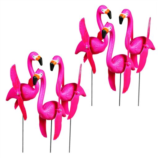 Fun Express Mini Pink Flamingos Yard Ornaments - Set of 6 Wind Spinner Flamingo Decor w/Twirling Wings