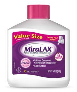 MiraLAX Gentle Constipation Relief Laxative Powder, Stool Softener with PEG 3350, Works Naturally Water in Your Body, No Harsh Side Effects, Osmotic Laxative, #1 Physician Recommended, 45 Dose 1.68 Pound (Pack of 1) 23 71PZlSIKJbL