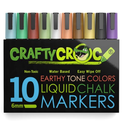 Crafty Croc Liquid Chalk Markers, 10 Pack Earth Colors, Chalk Ink Pens, Medium Tip 6mm 10 Pack Earth Tone Bold (6mm)