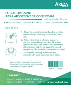 Sacral Silicone Ultra-Absorbent Foam Dressing 7" X 6.8" Box of 5; Wound Dressing By Areza Medical 7" x 6.8" 11 71PnTdbLjVL