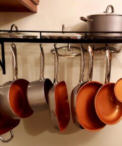 30" Wall mounted pots and pans rack. Pot holders wall shelves with 12 hooks. Kitchen shelves wall mounted with wall hooks. Kitchen storage pot holder pot rack. Pot pan organizer. Pot Pan rack. 34 71PweL qLPL