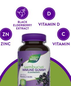 Nature’s Way Sambucus Elderberry Immune Gummies, Daily Immune Support for Kids and Adults*, with Vitamin C, Vitamin D3, Zinc, Gluten Free, Vegetarian, 60 Gummies (Packaging May Vary) 60 Count (Pack of 1) Elderberry Gummies, 60ct 25 71Q7lwesZL