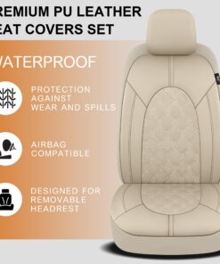 CAROMOP Luxury Leather Car Seat Covers Full Set-Waterproof Seat Protectors with Split Bench Seat Covers for Cars-Universal Cars Interior Covers for Sedans, SUVs, Pick-up Trucks(Beige/Beige Line) Beige 9 71Q96jUaZL